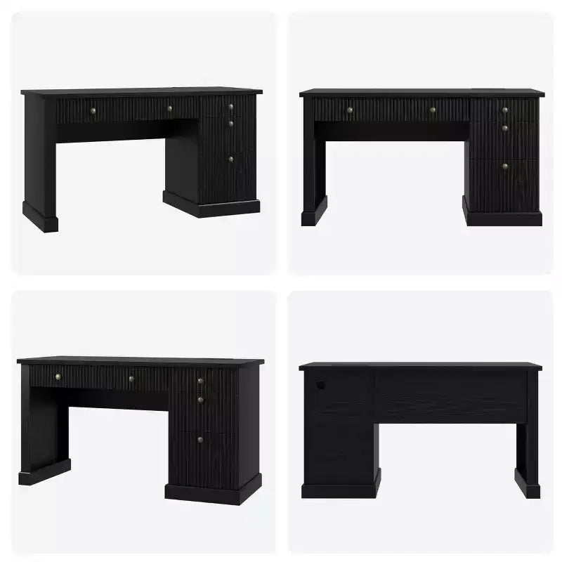 54 Modern Executive Office Desk with Charging Station & File Drawers, Fluted Wood Computer Writing Desk with Storage for Home Study