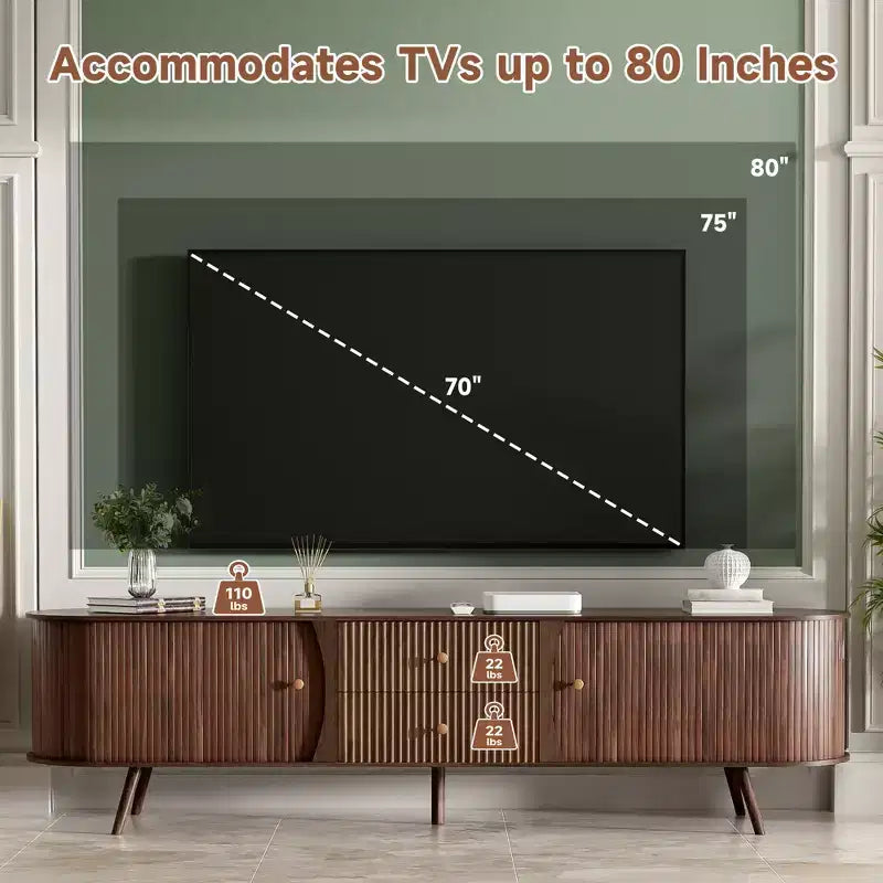 Mid-Century Modern TV Stand for TVs up to 80, Entertainment Center with Tambour Doors & Fluted Drawers, Walnut Brown Media Console - ModernLuxe