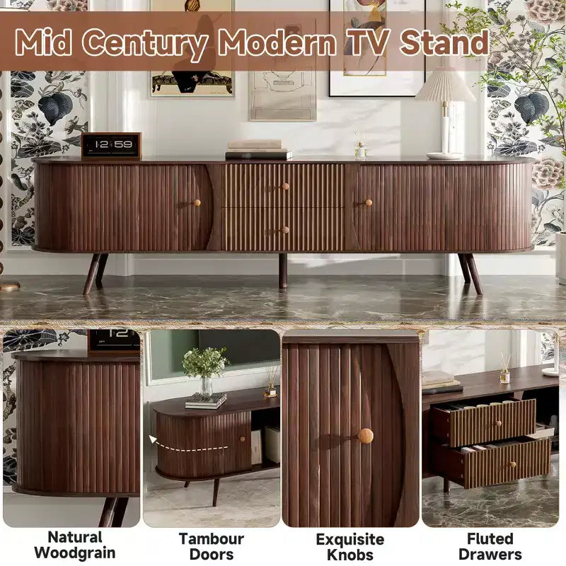 Mid-Century Modern TV Stand for TVs up to 80, Entertainment Center with Tambour Doors & Fluted Drawers, Walnut Brown Media Console - ModernLuxe