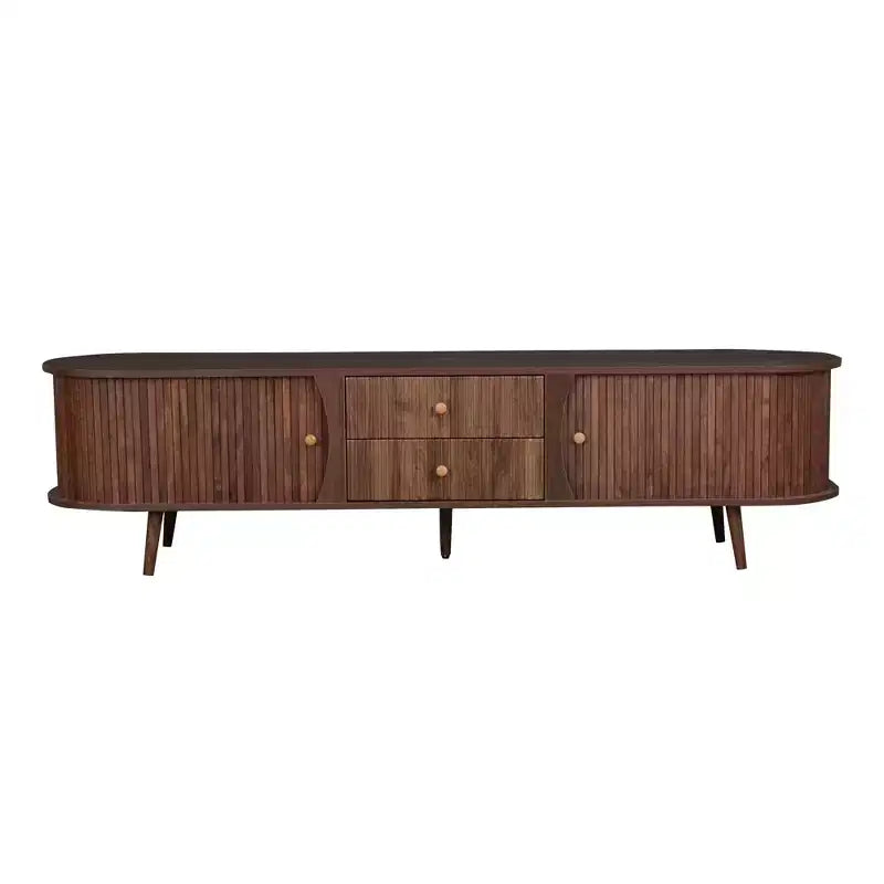 Mid-Century Modern TV Stand for TVs up to 80, Entertainment Center with Tambour Doors & Fluted Drawers, Walnut Brown Media Console - ModernLuxe