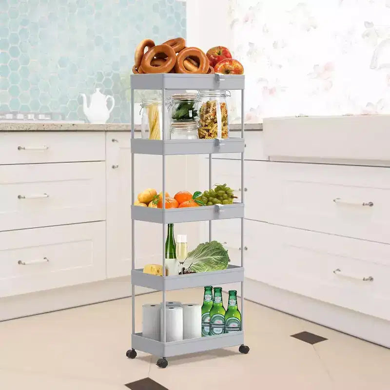 ALUCSET 5-Tier Storage Cart Organizer Rolling Utility Cart, Mobile Shelving Unit Slide Out Storage Shelves for Kitchen Bathroom Laundry Room & Dresser