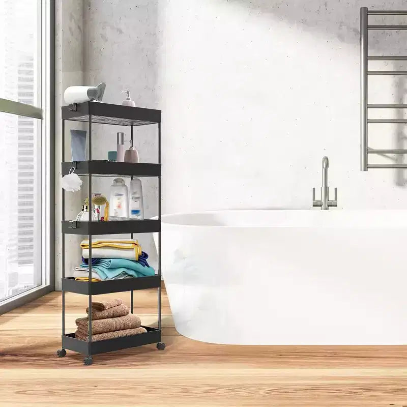 ALUCSET 5-Tier Storage Cart Organizer Rolling Utility Cart, Mobile Shelving Unit Slide Out Storage Shelves for Kitchen Bathroom Laundry Room & Dresser