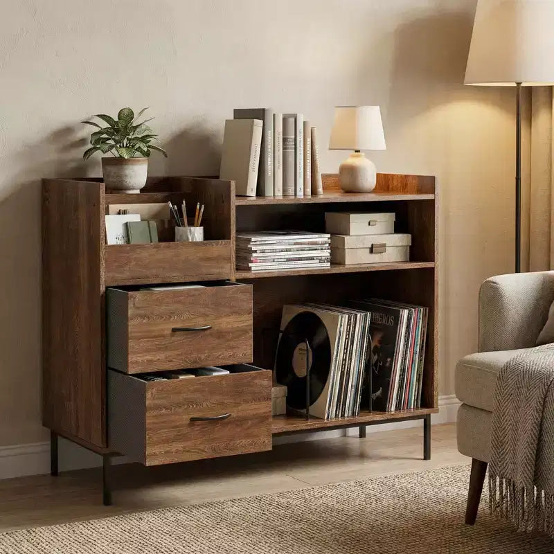 Meuble de rangement pour tourne-disques JVNOXK de 70 cm avec étagères réglables et tiroirs, peut contenir plus de 350 vinyles, pour salon et chambre