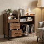 Meuble de rangement pour tourne-disques JVNOXK de 70 cm avec étagères réglables et tiroirs, peut contenir plus de 350 vinyles, pour salon et chambre