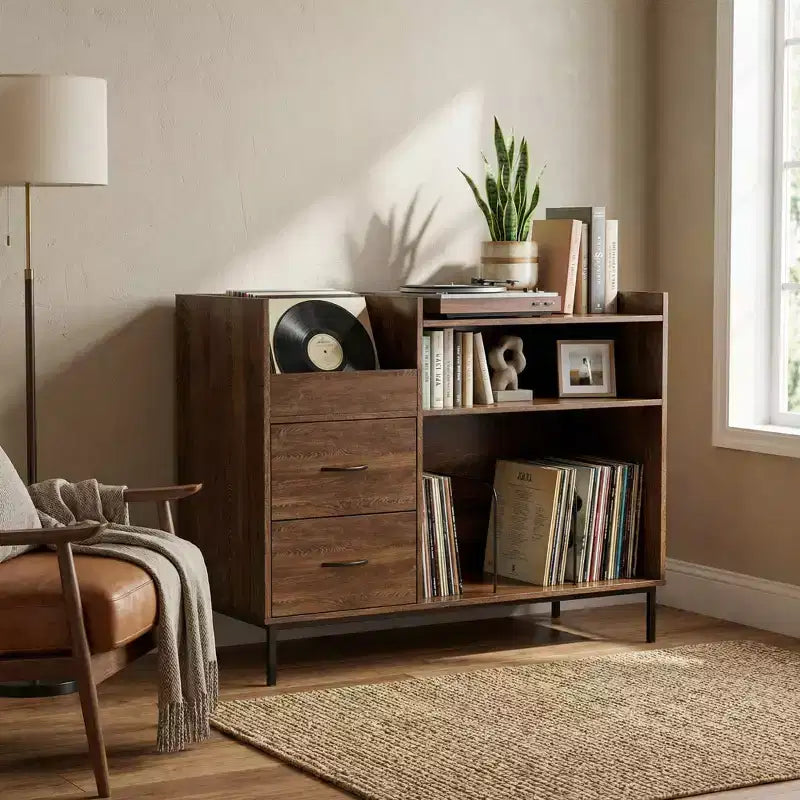 Meuble de rangement pour tourne-disques JVNOXK de 70 cm avec étagères réglables et tiroirs, peut contenir plus de 350 vinyles, pour salon et chambre