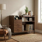 Meuble de rangement pour tourne-disques JVNOXK de 70 cm avec étagères réglables et tiroirs, peut contenir plus de 350 vinyles, pour salon et chambre