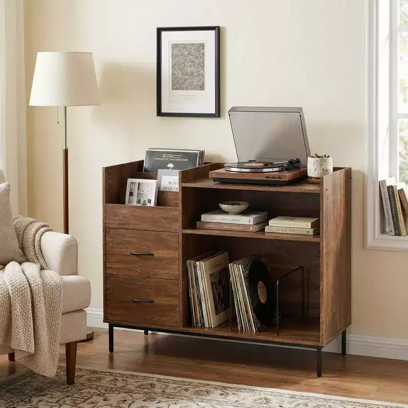 Meuble de rangement pour tourne-disques JVNOXK de 70 cm avec étagères réglables et tiroirs, peut contenir plus de 350 vinyles, pour salon et chambre
