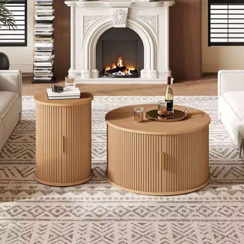 Mid-Century Coffee Table Set with Sliding Tambour Doors, Fluted Round Storage Side Tables for Living Room, Set of 2, Natural