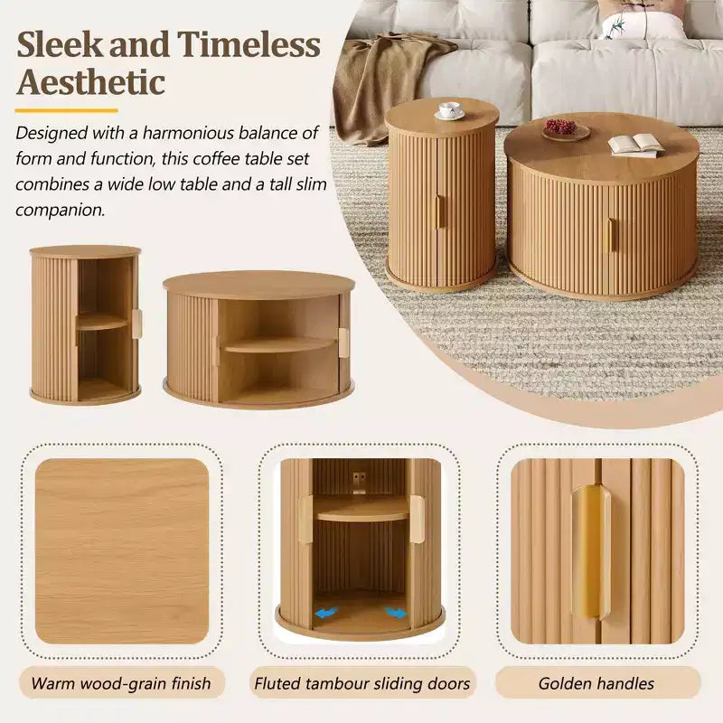 Mid-Century Coffee Table Set with Sliding Tambour Doors, Fluted Round Storage Side Tables for Living Room, Set of 2, Natural