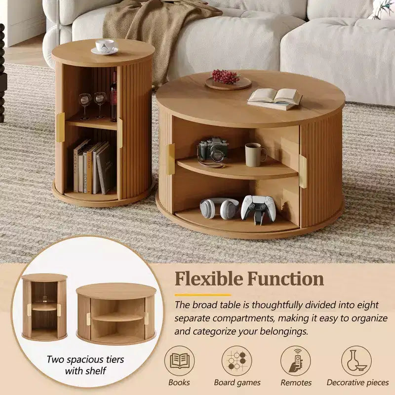 Mid-Century Coffee Table Set with Sliding Tambour Doors, Fluted Round Storage Side Tables for Living Room, Set of 2, Natural