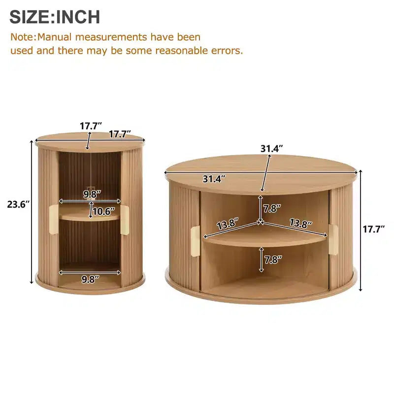Mid-Century Coffee Table Set with Sliding Tambour Doors, Fluted Round Storage Side Tables for Living Room, Set of 2, Natural