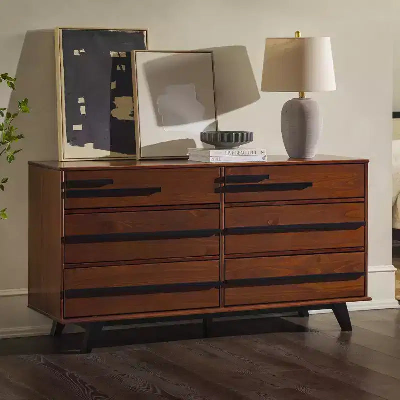 Commode double moderne à 6 tiroirs avec longues poignées Noyer - Walker Edison