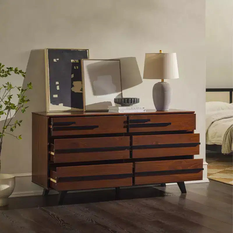 Commode double moderne à 6 tiroirs avec longues poignées Noyer - Walker Edison