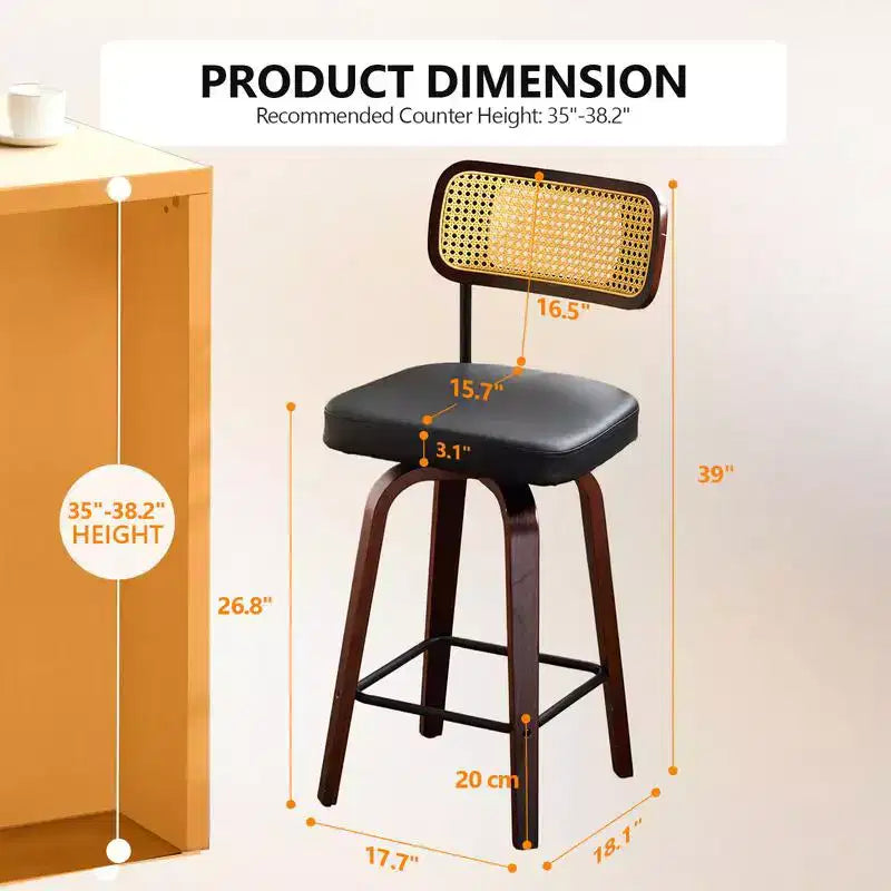 Lot de 2 tabourets de bar pivotants à 360° en rotin de hauteur comptoir avec coussin en PU