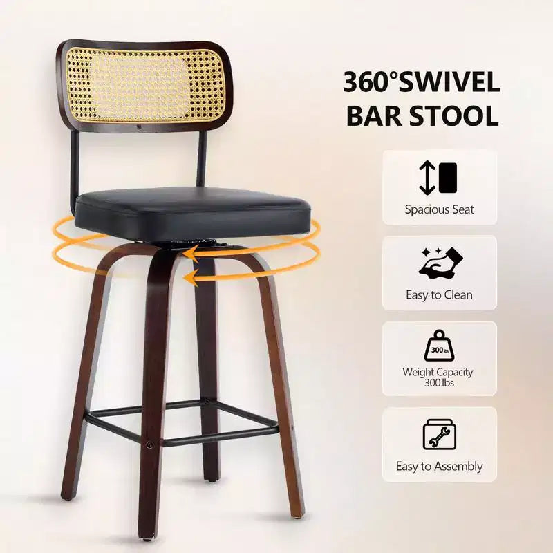 Lot de 2 tabourets de bar pivotants à 360° en rotin de hauteur comptoir avec coussin en PU