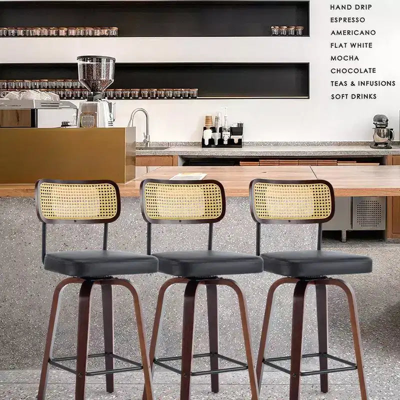 Lot de 2 tabourets de bar pivotants à 360° en rotin de hauteur comptoir avec coussin en PU