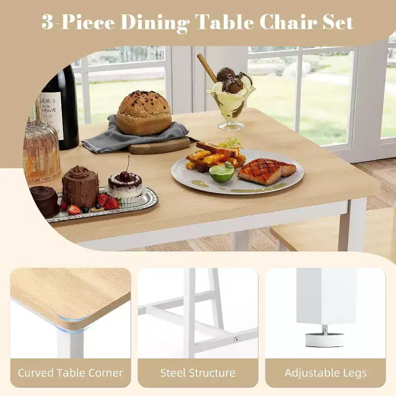 MooxvMoo 3-Piece Rectangular Dining Table Set for 2, Kitchen Table Set with 2 Chairs, Breakfast Nook Furniture for Kitchens, Dining Room, White
