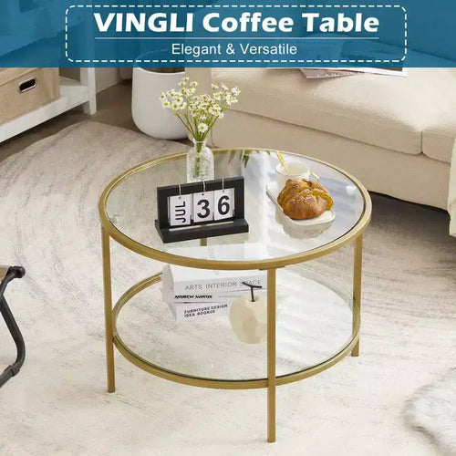 Table basse ronde en verre de 65 cm avec 2 niveaux de rangement, structure métallique dorée