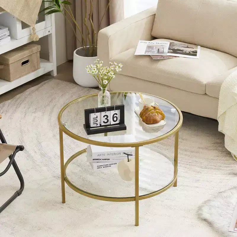 25.6in Round Glass Coffee Table with 2-Tier Storage, Gold Metal Frame