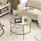 25.6in Round Glass Coffee Table with 2-Tier Storage, Gold Metal Frame