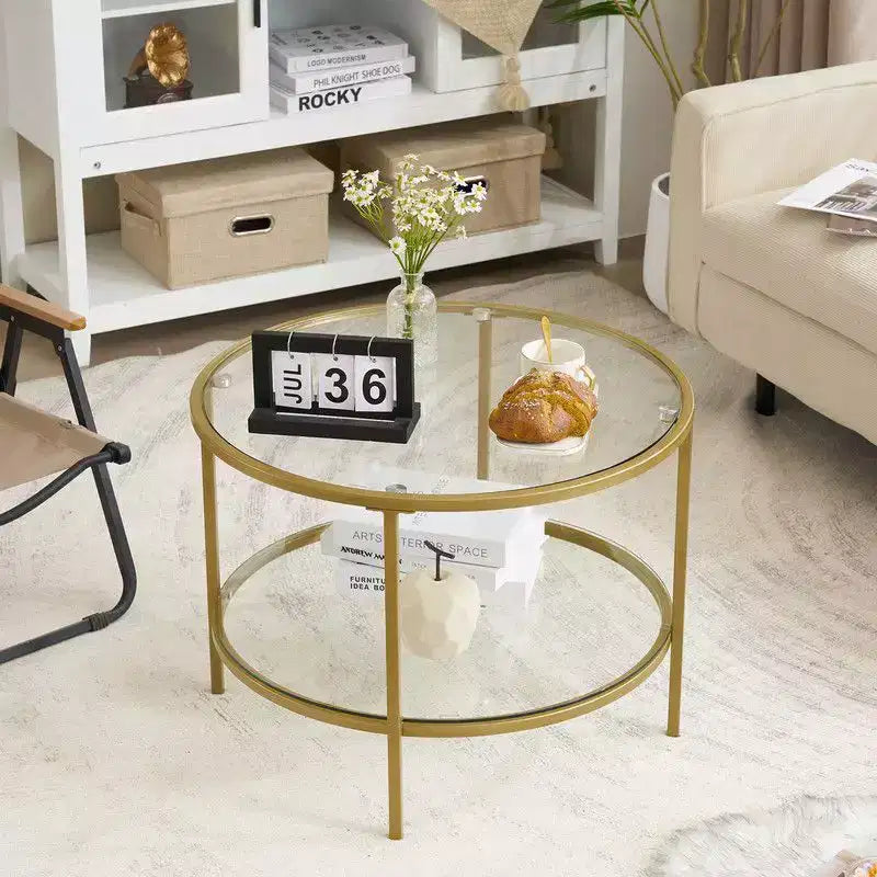 25.6in Round Glass Coffee Table with 2-Tier Storage, Gold Metal Frame