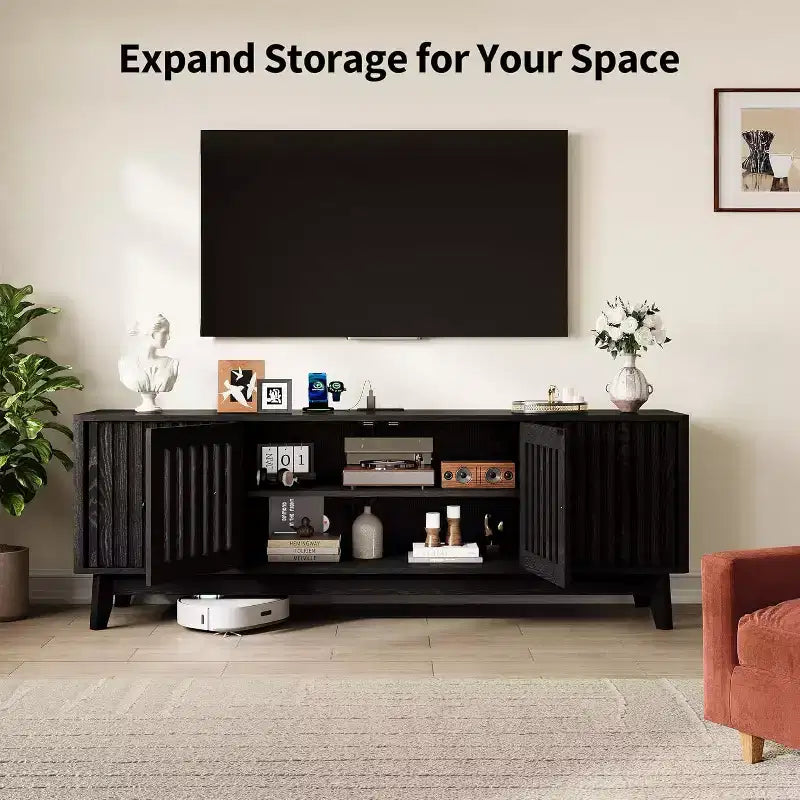 Meuble TV Mid-Century Modern GustoWave avec portes à grille, étagères réglables et rangement