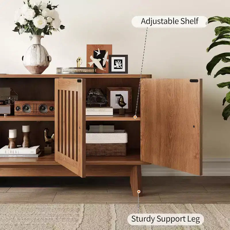 Meuble TV Mid-Century Modern GustoWave avec portes à grille, étagères réglables et rangement