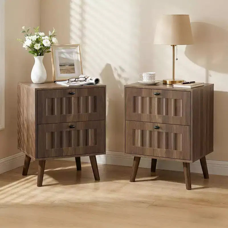 GDFStudio Roberto Modern Wooden Nightstands with Solid Wood Legs and 2 Drawers (Set of 2)