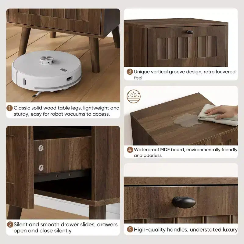GDFStudio Roberto tables de chevet modernes en bois avec pieds en bois massif et 2 tiroirs (lot de 2)