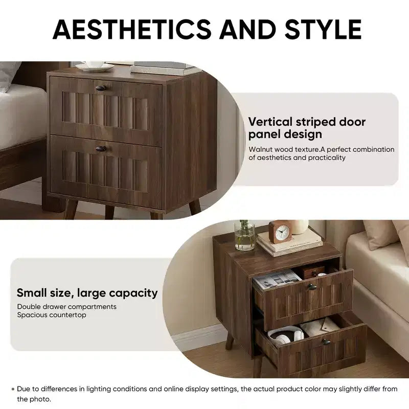 GDFStudio Roberto tables de chevet modernes en bois avec pieds en bois massif et 2 tiroirs (lot de 2)