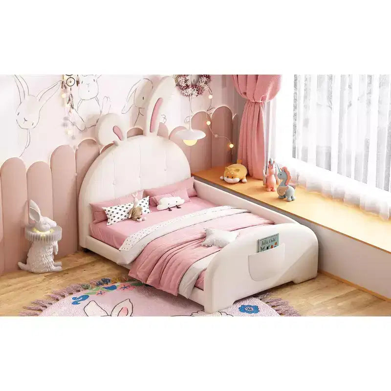 Twin Upholstered Rabbit Princess Bed, Platform Bed with Headboard and Footboard, White