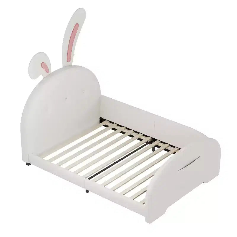 Twin Upholstered Rabbit Princess Bed, Platform Bed with Headboard and Footboard, White