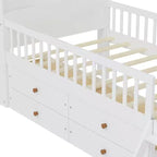 Twin Bed Frame with 4 Storage Drawers, Wood Platform Bed with Guardrail, Headboard and Ladder, White
