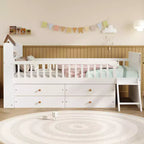 Twin Bed Frame with 4 Storage Drawers, Wood Platform Bed with Guardrail, Headboard and Ladder, White