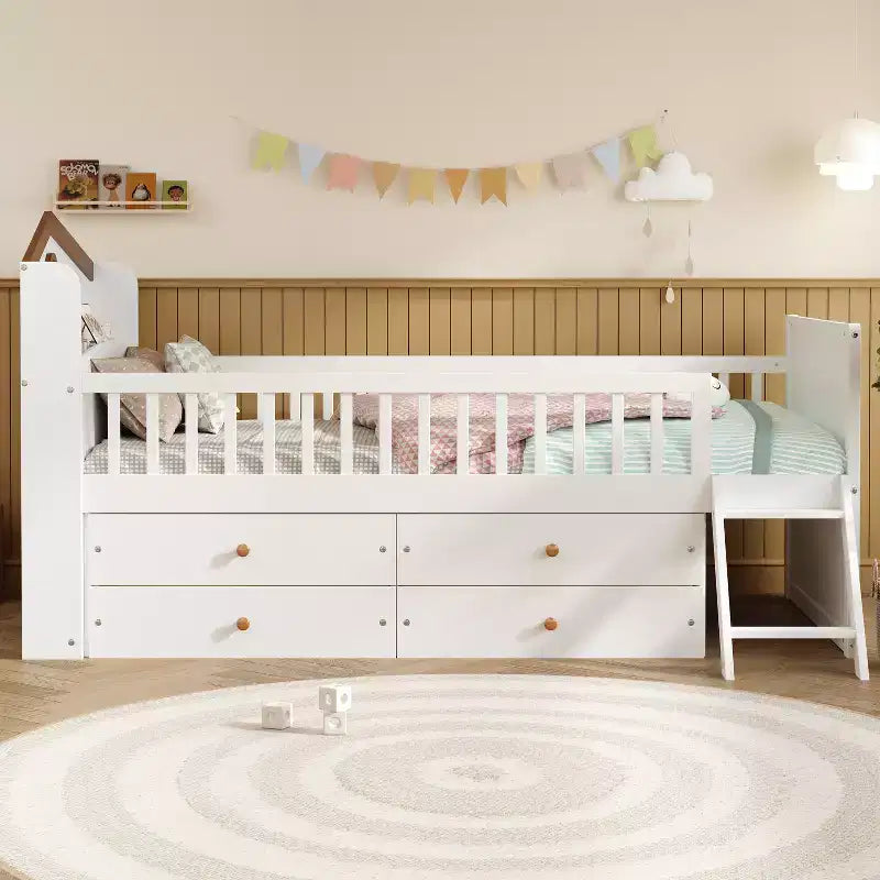 Twin Bed Frame with 4 Storage Drawers, Wood Platform Bed with Guardrail, Headboard and Ladder, White
