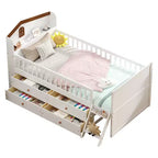 Twin Bed Frame with 4 Storage Drawers, Wood Platform Bed with Guardrail, Headboard and Ladder, White