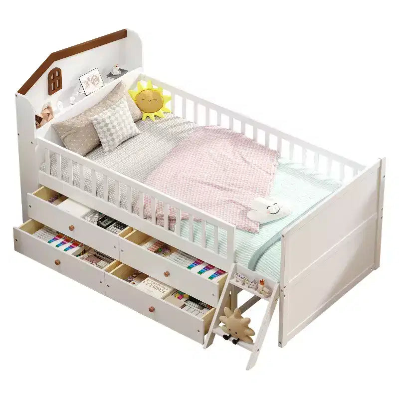 Twin Bed Frame with 4 Storage Drawers, Wood Platform Bed with Guardrail, Headboard and Ladder, White