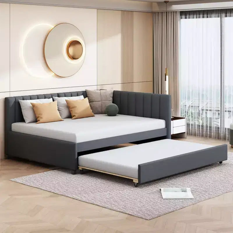 FAMYYT Full Size Upholstered Daybed With Twin Size Trundle, Easy Assembly, Gray