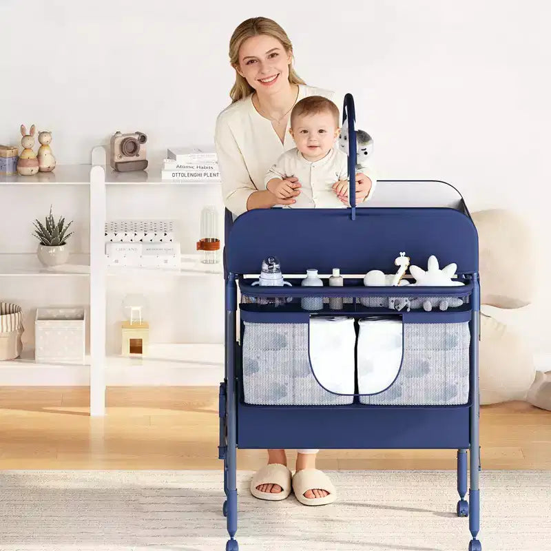 Table à langer pliable et portable, station de change avec tiroirs et roulettes, organisateur de nurserie mobile à hauteur réglable