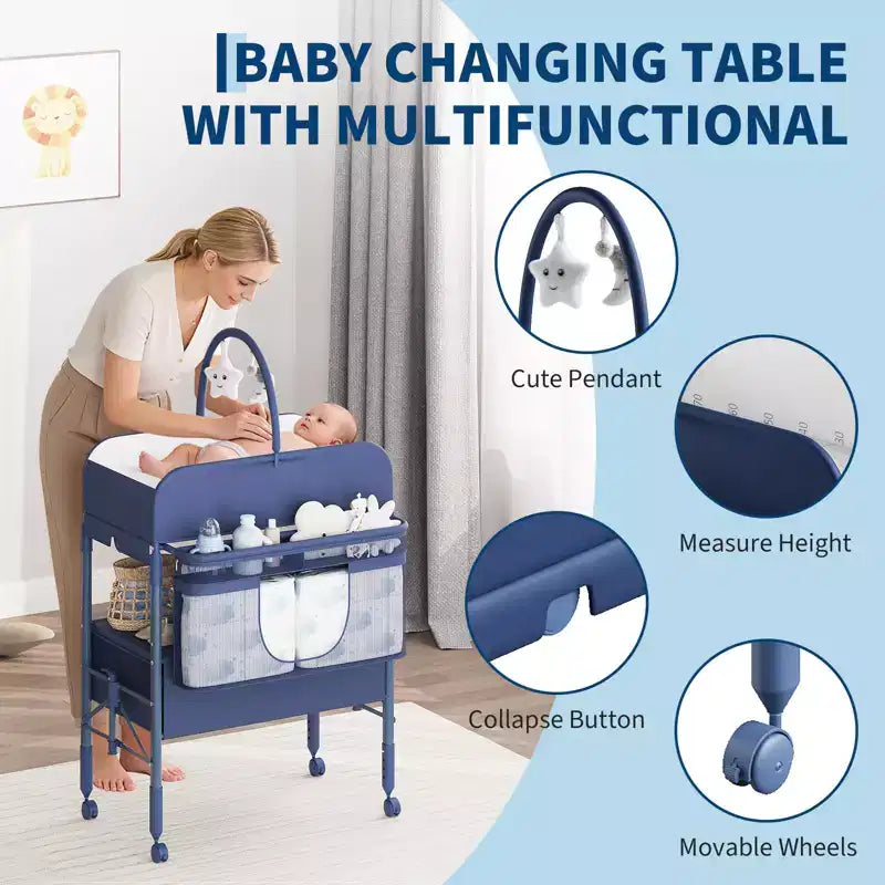 Table à langer pliable et portable, station de change avec tiroirs et roulettes, organisateur de nurserie mobile à hauteur réglable