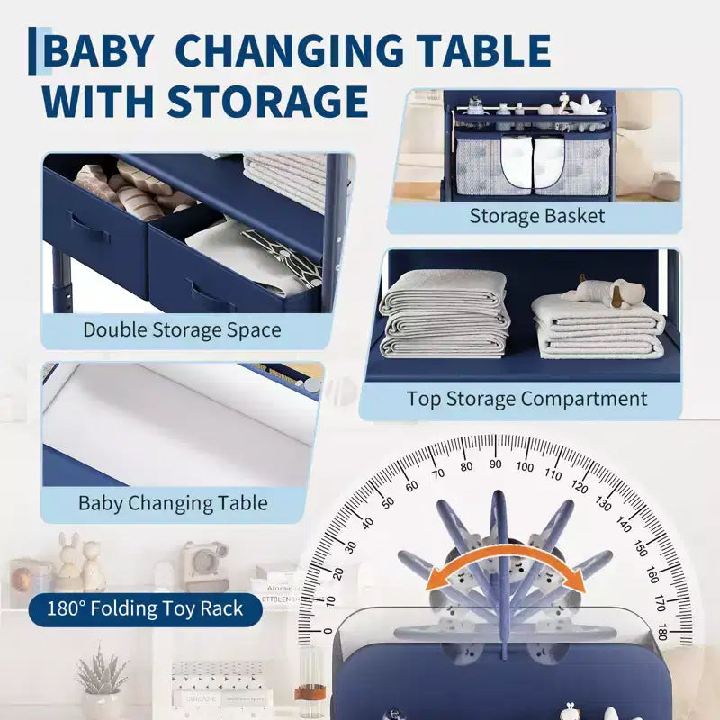 Table à langer pliable et portable, station de change avec tiroirs et roulettes, organisateur de nurserie mobile à hauteur réglable
