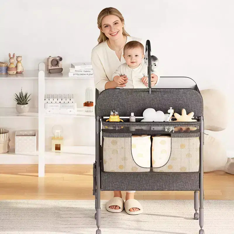 Table à langer pliable et portable, station de change avec tiroirs et roulettes, organisateur de nurserie mobile à hauteur réglable