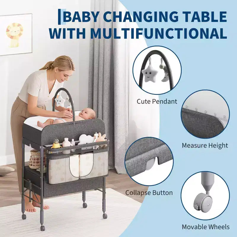 Table à langer pliable et portable, station de change avec tiroirs et roulettes, organisateur de nurserie mobile à hauteur réglable