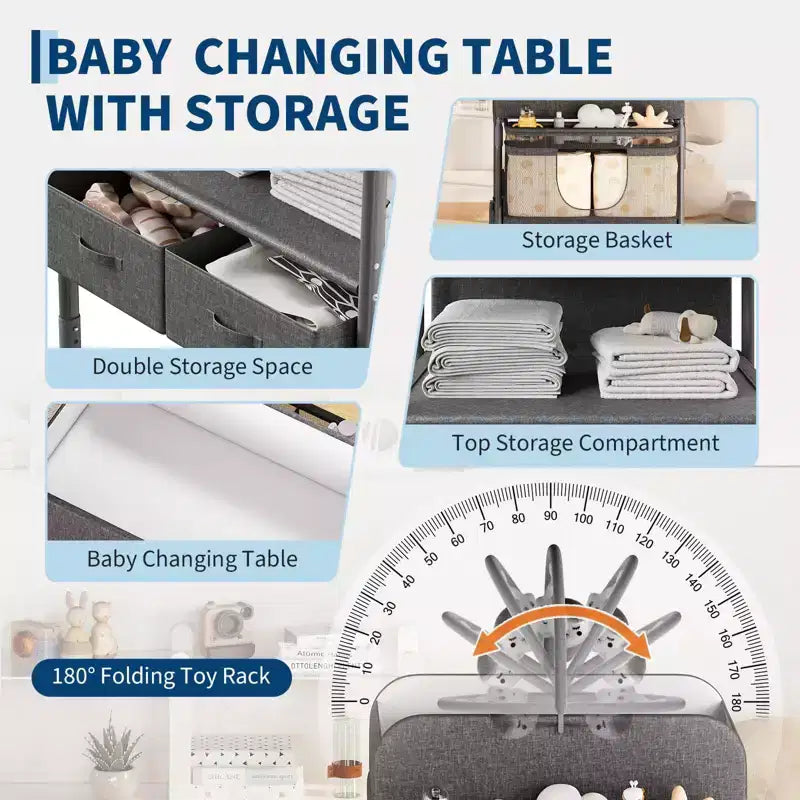 Table à langer pliable et portable, station de change avec tiroirs et roulettes, organisateur de nurserie mobile à hauteur réglable