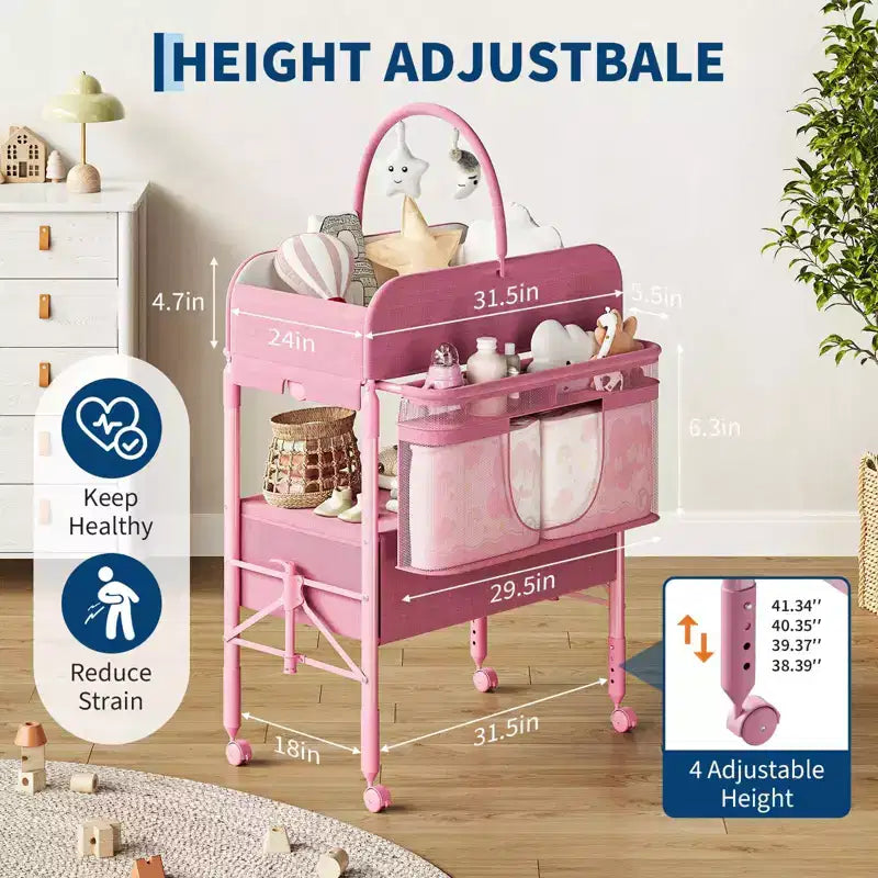 Table à langer pliable et portable, station de change avec tiroirs et roulettes, organisateur de nurserie mobile à hauteur réglable