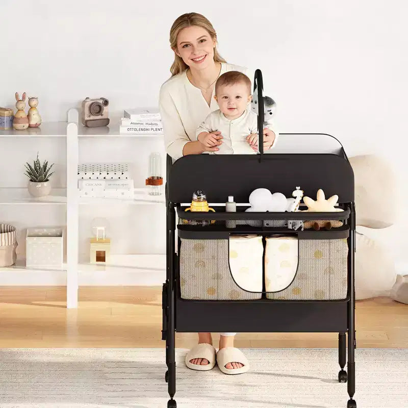 Table à langer pliable et portable, station de change avec tiroirs et roulettes, organisateur de nurserie mobile à hauteur réglable