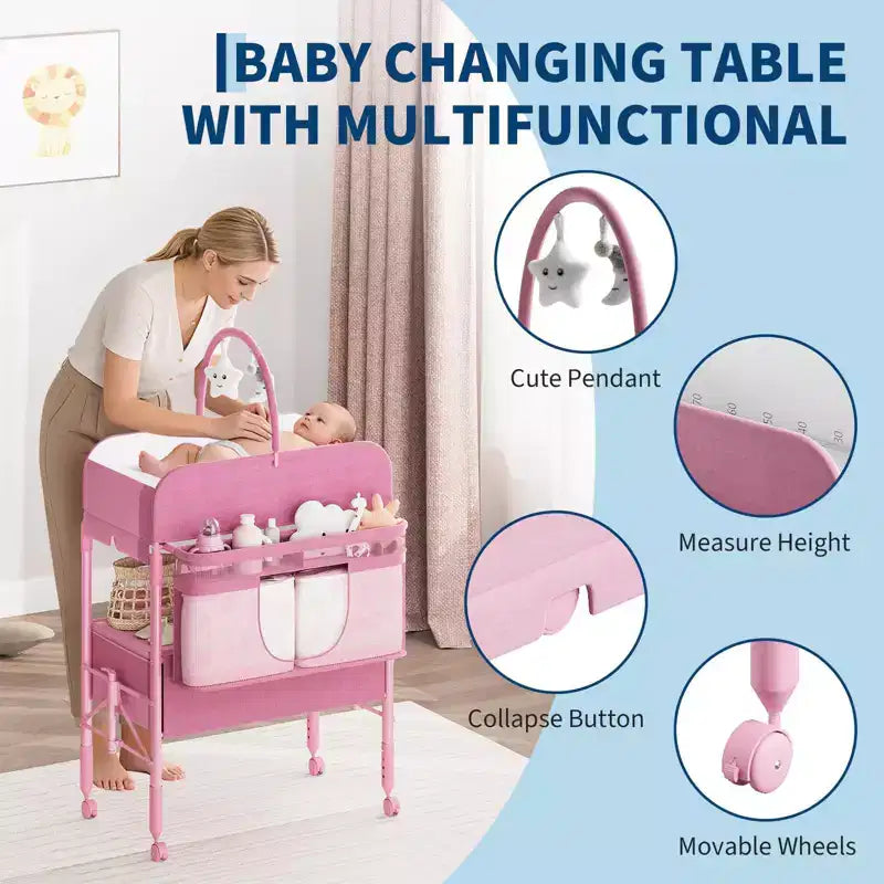 Table à langer pliable et portable, station de change avec tiroirs et roulettes, organisateur de nurserie mobile à hauteur réglable