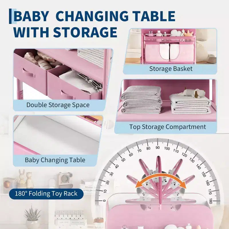 Table à langer pliable et portable, station de change avec tiroirs et roulettes, organisateur de nurserie mobile à hauteur réglable