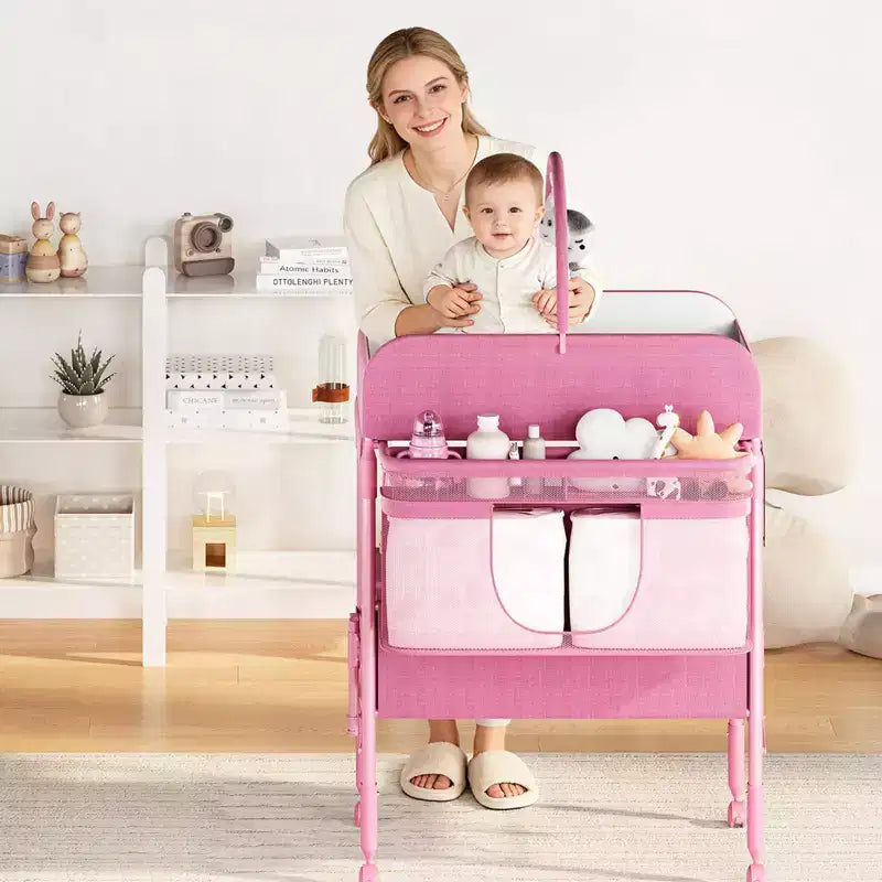 Table à langer pliable et portable, station de change avec tiroirs et roulettes, organisateur de nurserie mobile à hauteur réglable