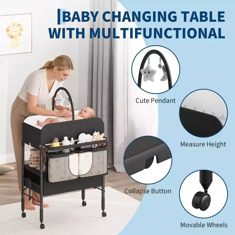 Table à langer pliable et portable, station de change avec tiroirs et roulettes, organisateur de nurserie mobile à hauteur réglable